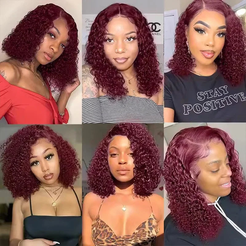 99J Colored Curly Deep Water Wave Lace Front Wig Burgundy Red Remy Short Cut Bob Frontal Human Hair Wigs Women Pre Plucked Wigs