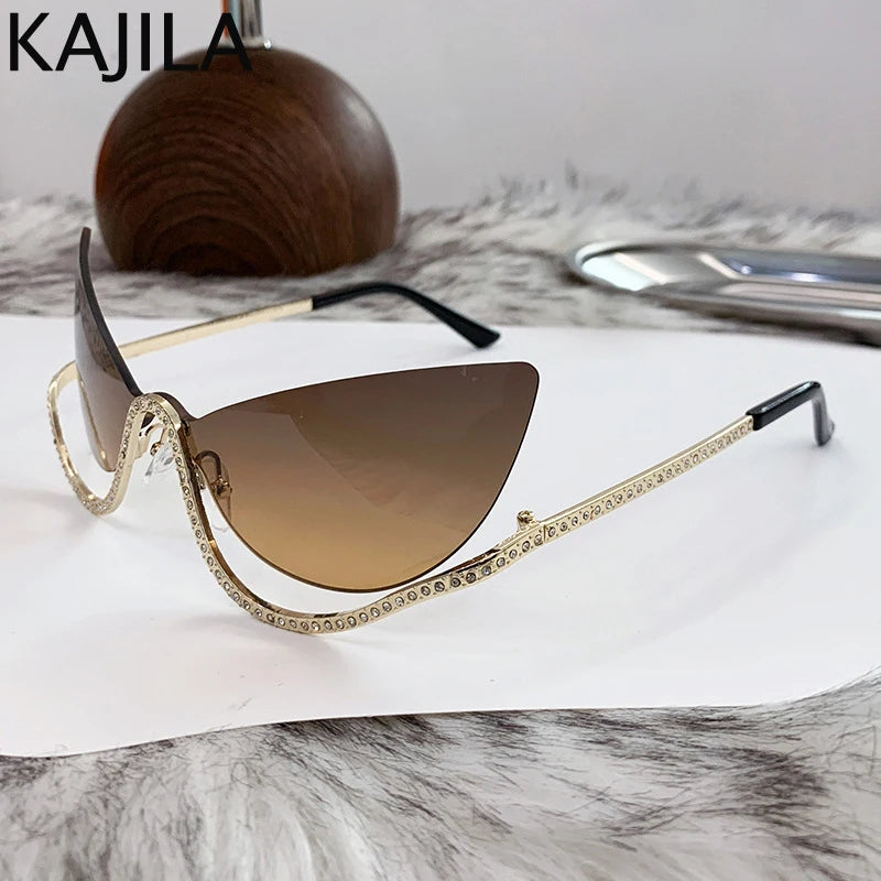 Retro Rhinestone Cat Eye Rimless Punk Sunglasses Women 2025 Luxury Brand Vintage Metal Frameless Sun Glasses Travelling Shades