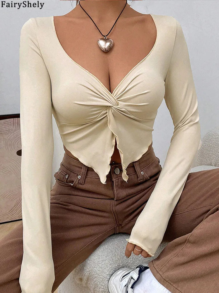 Fairyshely 2025 Autumn Winter V Neck Bodycon T-shirt Sexy Women Long Sleeve Bodycon Crop Top Lady Apricot Y2K Clud Short Tops