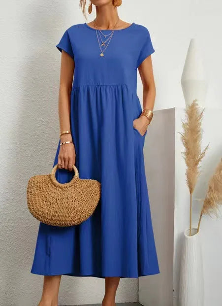 Women Vintage Solid Dress 2025 Summer Elegant O Neck Short Sleeve Cotton Linen Dresses Female Casual Loose Sundress Long Dress