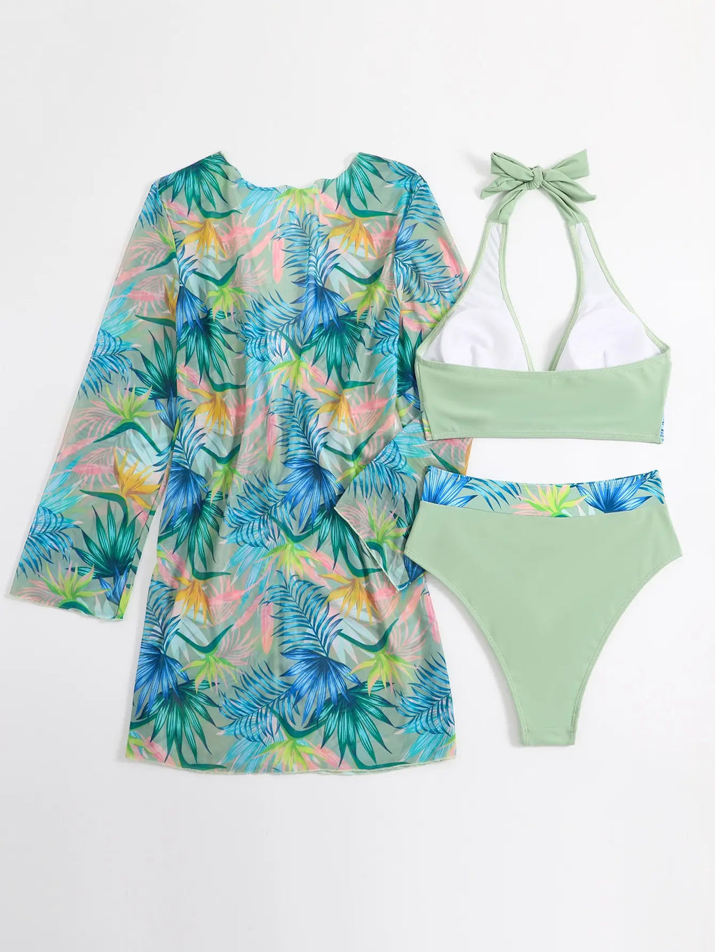Halter Print Bikini Sets 3PCS Women Swimsuit With Kimono High Waist Swimwear Female Bathers Bathing Swimming Swim Suit Beachwear