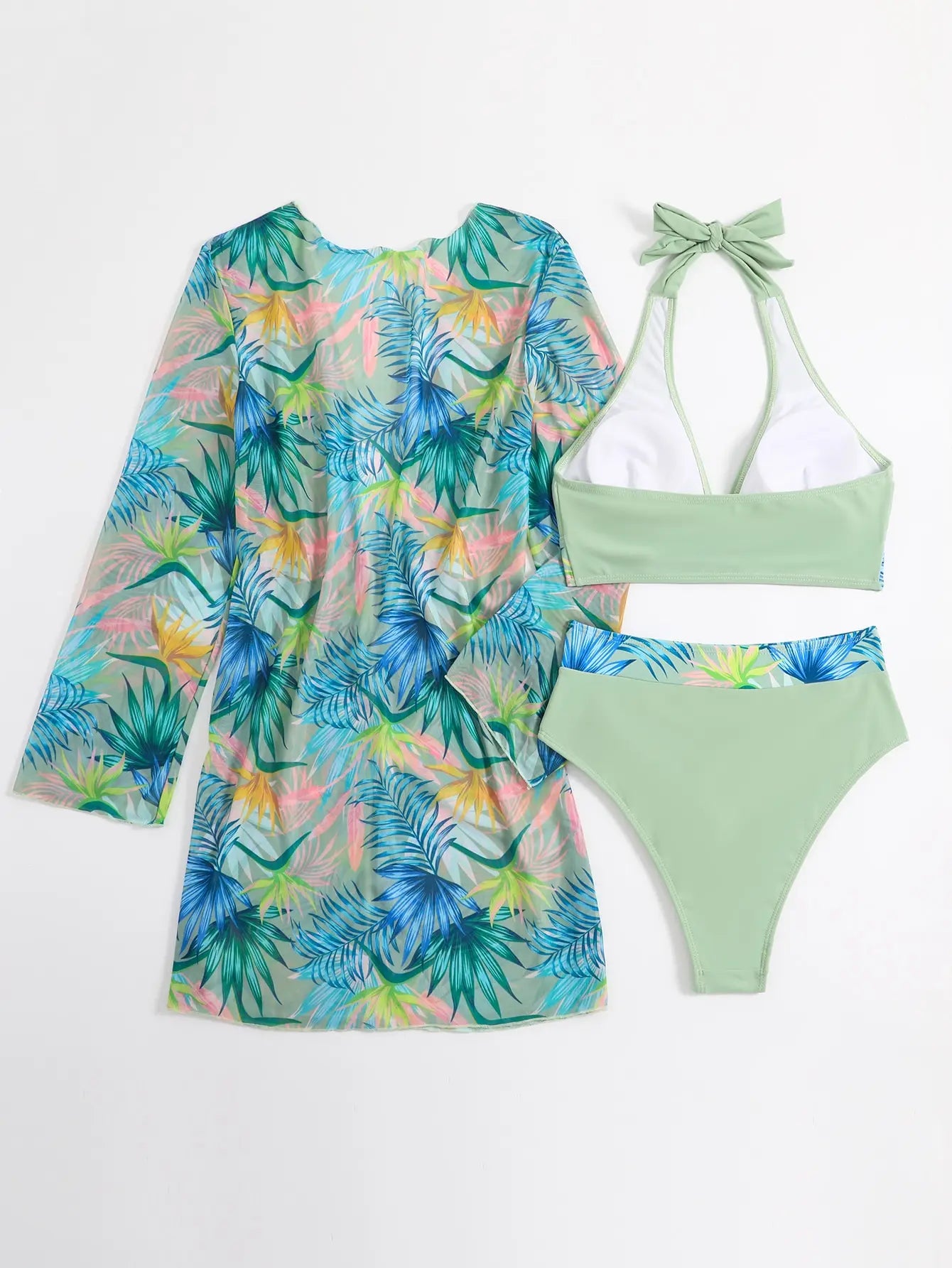 Halter Print Bikini Sets 3PCS Women Swimsuit With Kimono High Waist Swimwear Female Bathers Bathing Swimming Swim Suit Beachwear