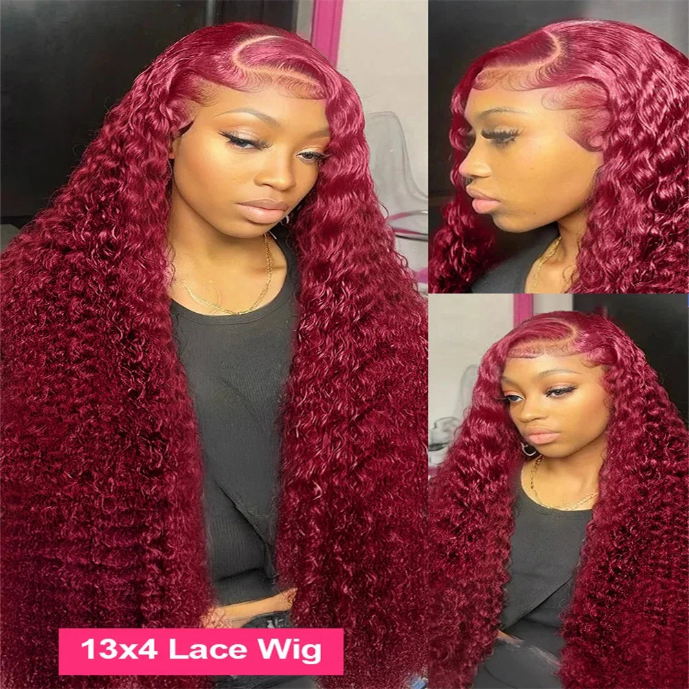 99J Burgundy 13x6 Hd Lace Frontal Human Hair Wig 30inch Red Colored Curly Wigs 13x4 Transparent Lace Water Deep Wave Frontal Wig