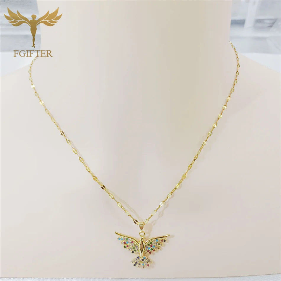 Luxury Graces Colored Phoenix Zircon Copper Pendant Necklaces Stainless Steel Chain High Grade Bird Choker Women's Party Jewelry