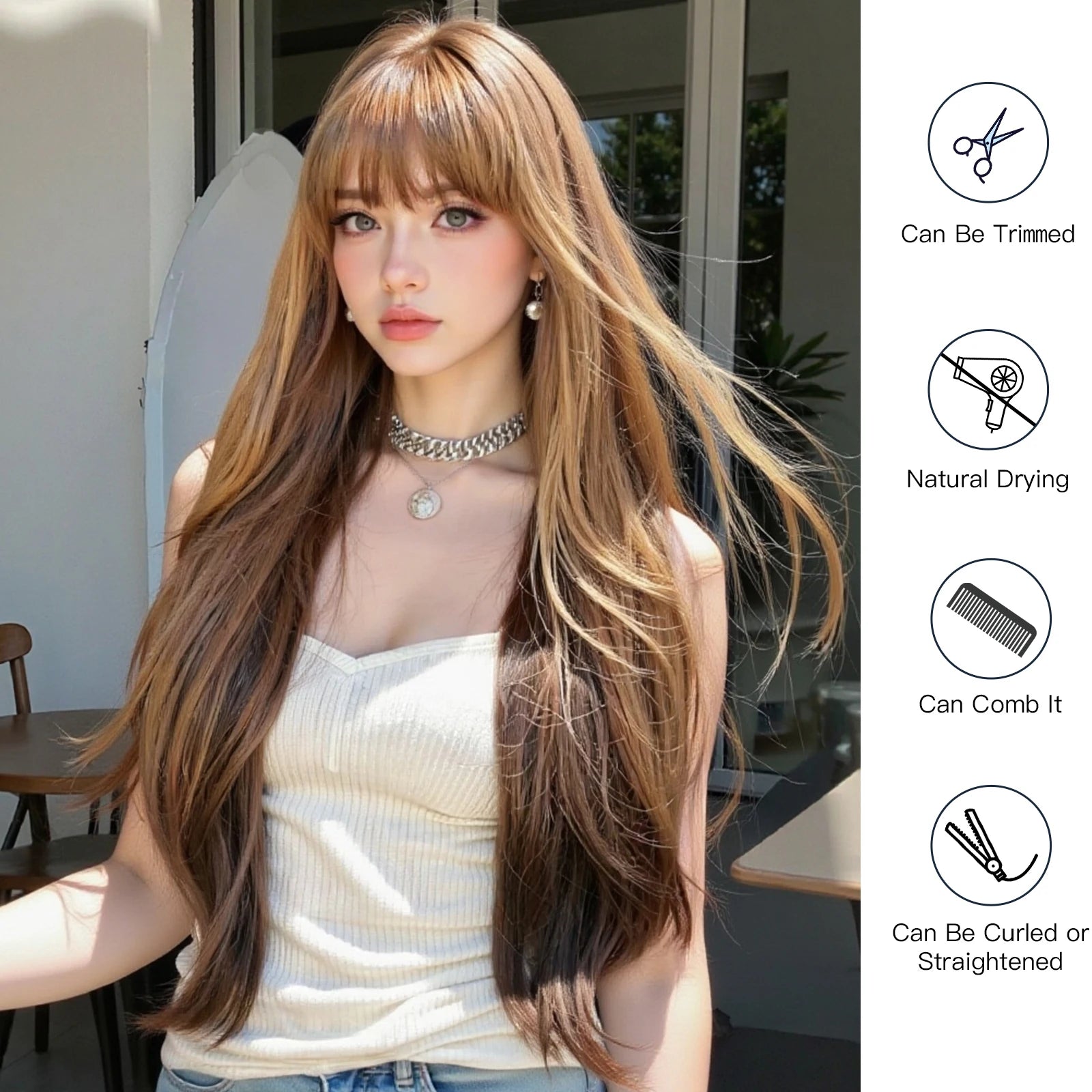 Honey Brown Highlight Layered Synthetic Wigs With Bangs Super Long Straight  Wig For Women Cosplay Natural Daily  Heat Resistant