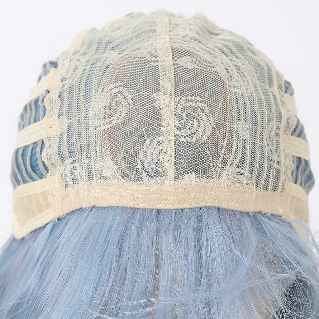 Allbell Magique Blue Hair Wig with Bangs Long Wavy Synthetic Wig Baby Blue Curly Wig for Women Daily Party Use Heat Resistant