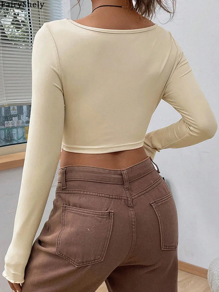 Fairyshely 2025 Autumn Winter V Neck Bodycon T-shirt Sexy Women Long Sleeve Bodycon Crop Top Lady Apricot Y2K Clud Short Tops