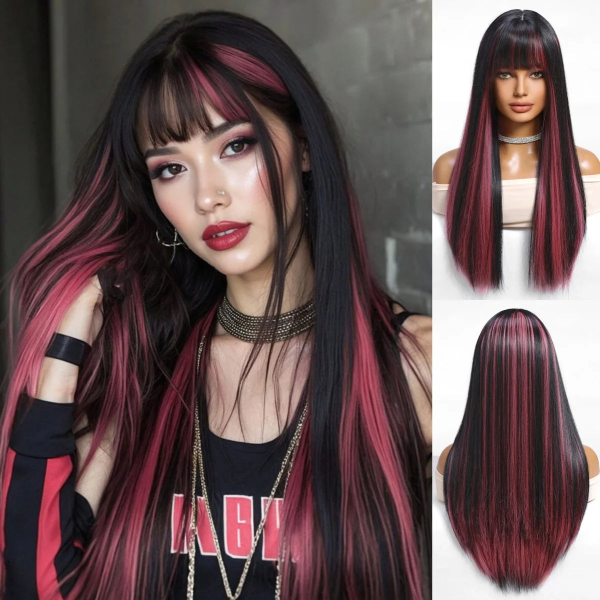 Allbell Magique Black Highlight Blue Synthetic Wig Long Straight Wig with Bangs Black And Blue Wig For Women Cosplay Party Use