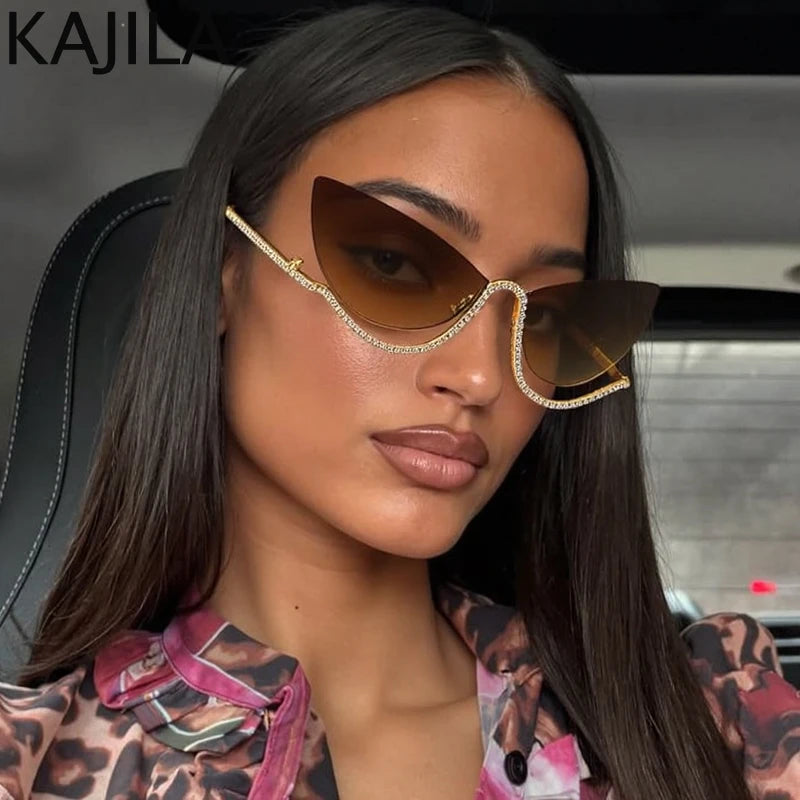 Retro Rhinestone Cat Eye Rimless Punk Sunglasses Women 2025 Luxury Brand Vintage Metal Frameless Sun Glasses Travelling Shades