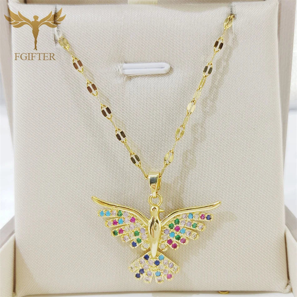 Luxury Graces Colored Phoenix Zircon Copper Pendant Necklaces Stainless Steel Chain High Grade Bird Choker Women's Party Jewelry