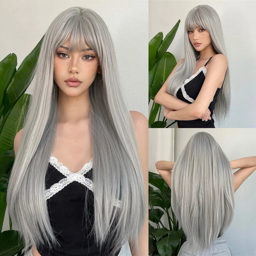 Blue with Grey Highlight Long Straight Synthetic Wigs with Bangs Cosplay Hairs Wig for Women Daily Natural Heat Resistant