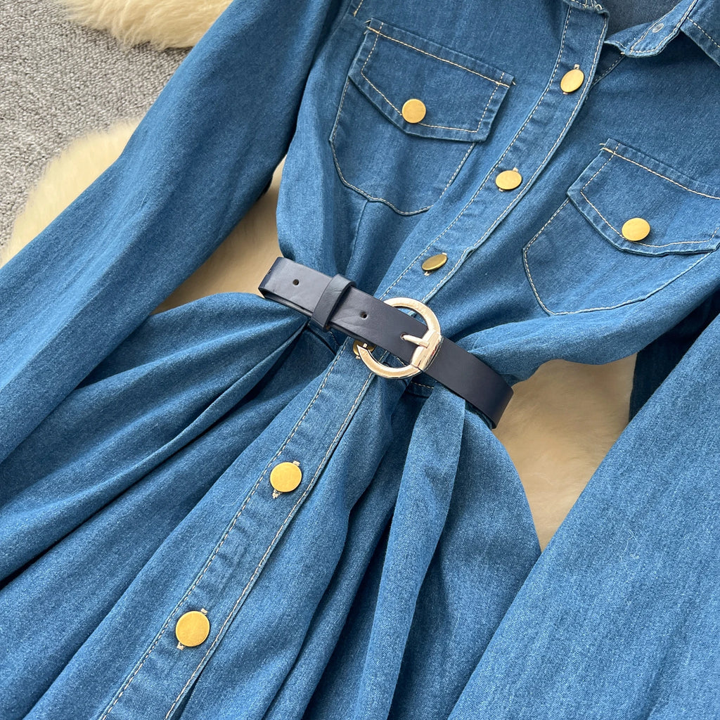 Sexy long sleeve Slit Pockets Single Breasted High Waist Pleated dress Vestidos sundress Women Evening Party dress