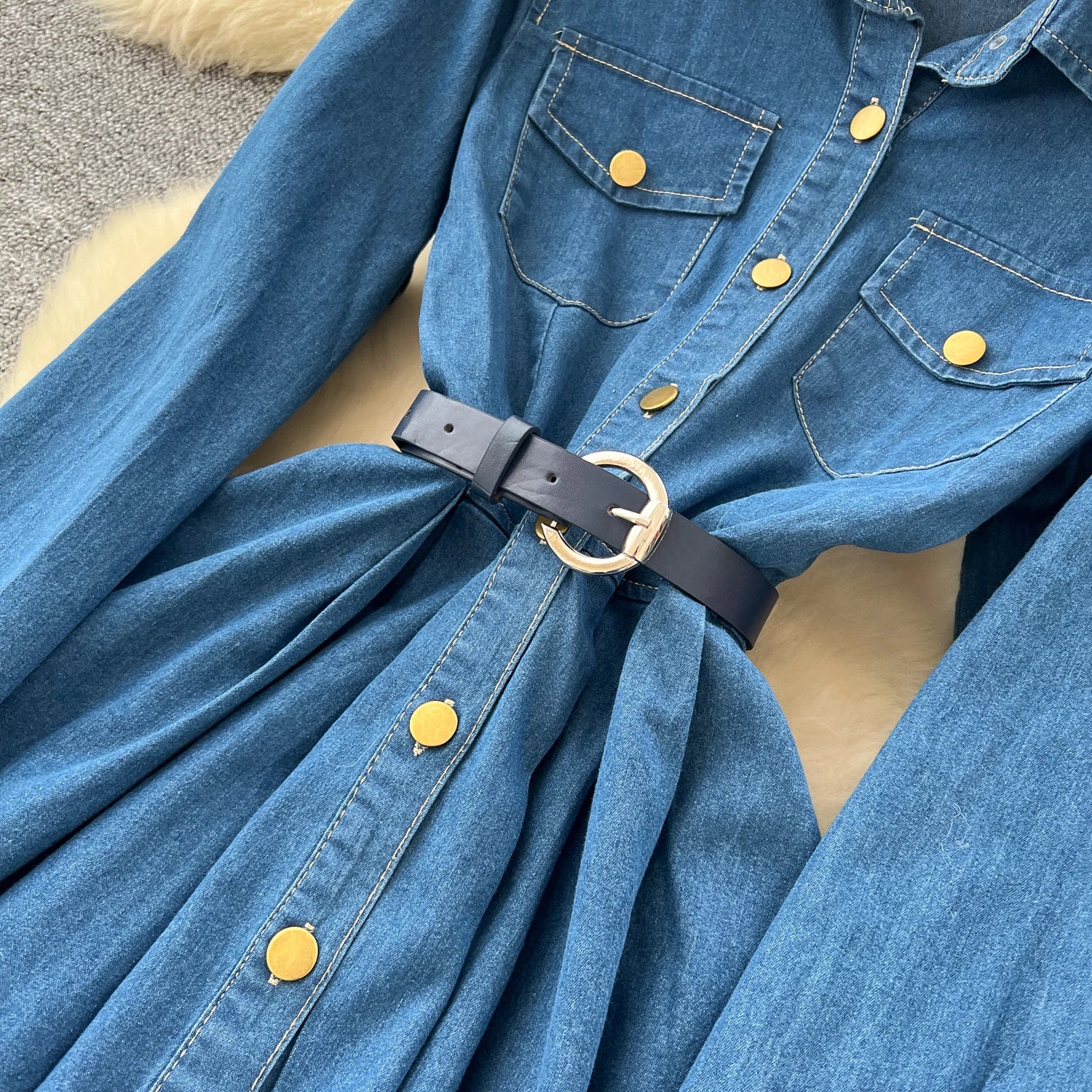 Sexy long sleeve Slit Pockets Single Breasted High Waist Pleated dress Vestidos sundress Women Evening Party dress