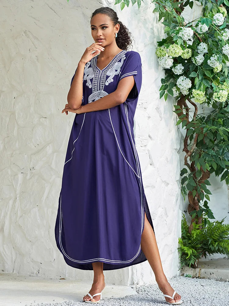 2024 Vintage Embroidery Kaftan Sexy V-neck Batwing Sleeve High Waist Maxi Dress Tunic Women Clothing Summer Beach Dresses Q660