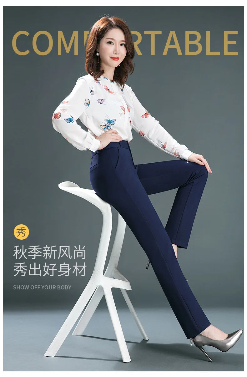 Stretch High Waist Trousers Women's Fashion Casual Pants Black Khaki Navy Blue Slacks Women Pantalones