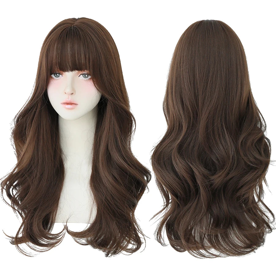 7JHH WIGS Popular Brown Ash Long Deep Wave Hair Lolita Wigs With Bangs Synthetic Wig For Women Fashion Thick Curls Wigs Girl