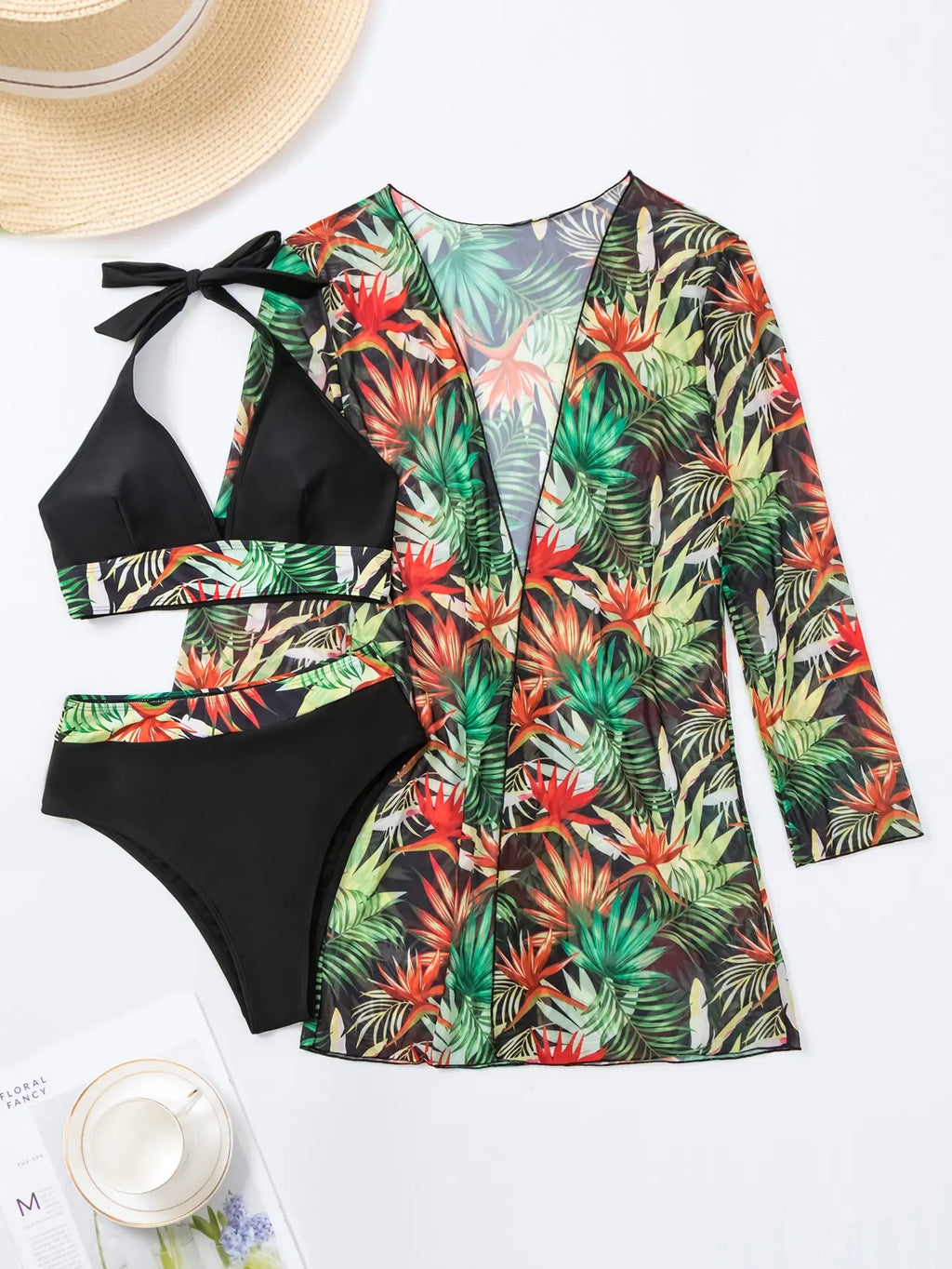 Halter Print Bikini Sets 3PCS Women Swimsuit With Kimono High Waist Swimwear Female Bathers Bathing Swimming Swim Suit Beachwear