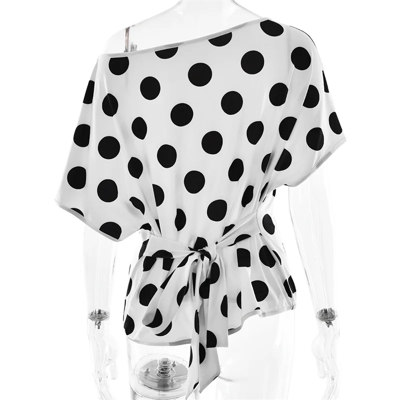 Absobe Polka Dot One-Shoulder Short Sleeve Top For Women Back Lace-up Waist Slim Fit T-Shirt Y2K Hot Girl Casual Tee Streetwear