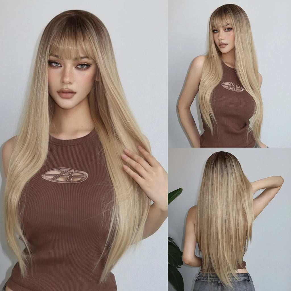 Blue with Grey Highlight Long Straight Synthetic Wigs with Bangs Cosplay Hairs Wig for Women Daily Natural Heat Resistant