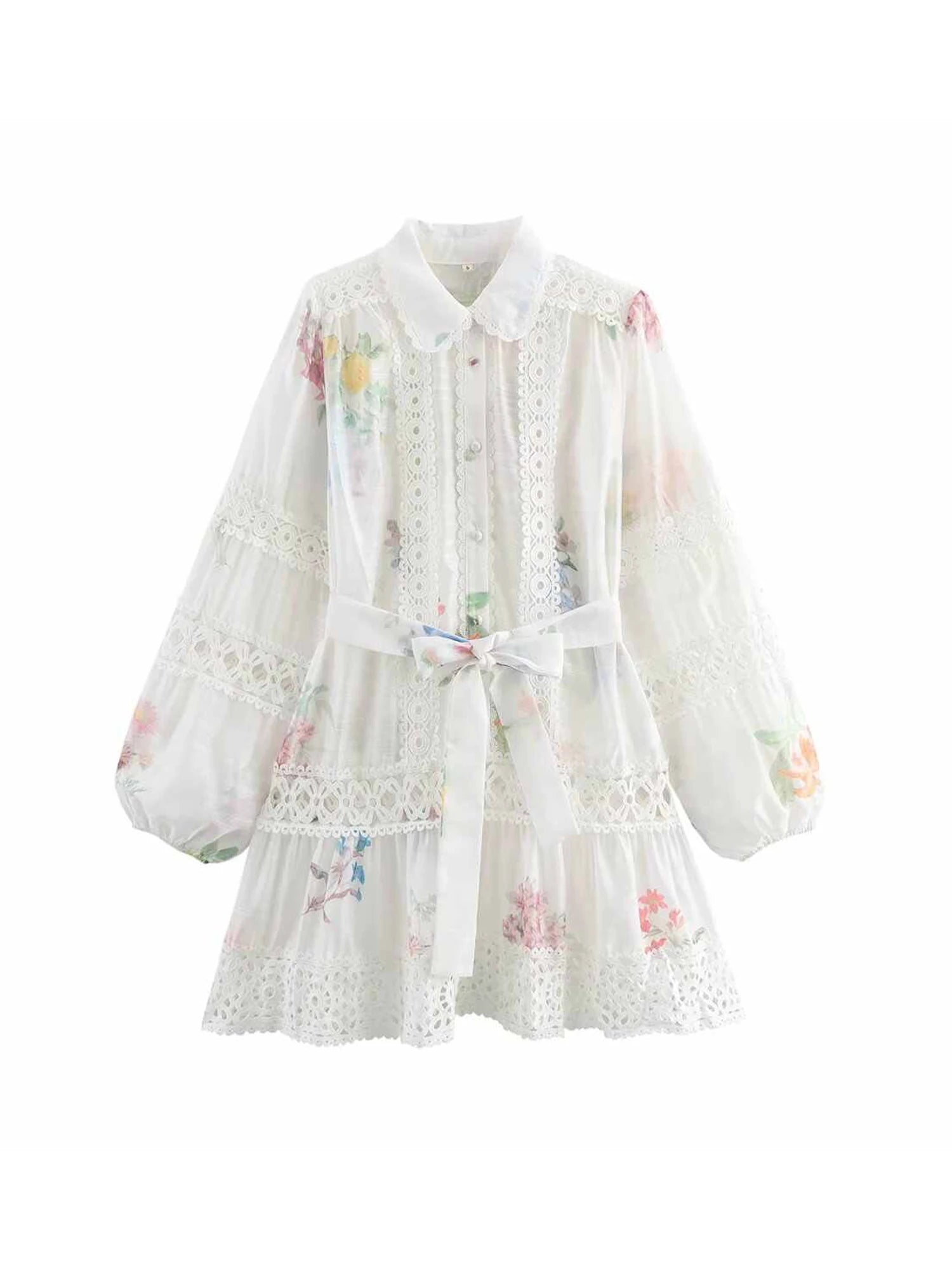 Women White Flower Print Dress Vintage Lace Patchwork Long Sleeve Evening Dress Y2k Birthday Party One Piece Frocks Clothes 2025