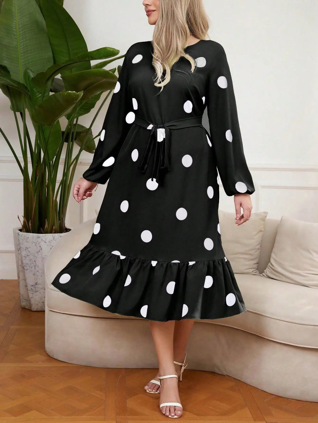 Vigojany 2025 Spring Ruffle Dot Print Plus Size Dress Autumn Long Sleeve Large Big Dress Casual O Neck Chubby Curvy Dresses