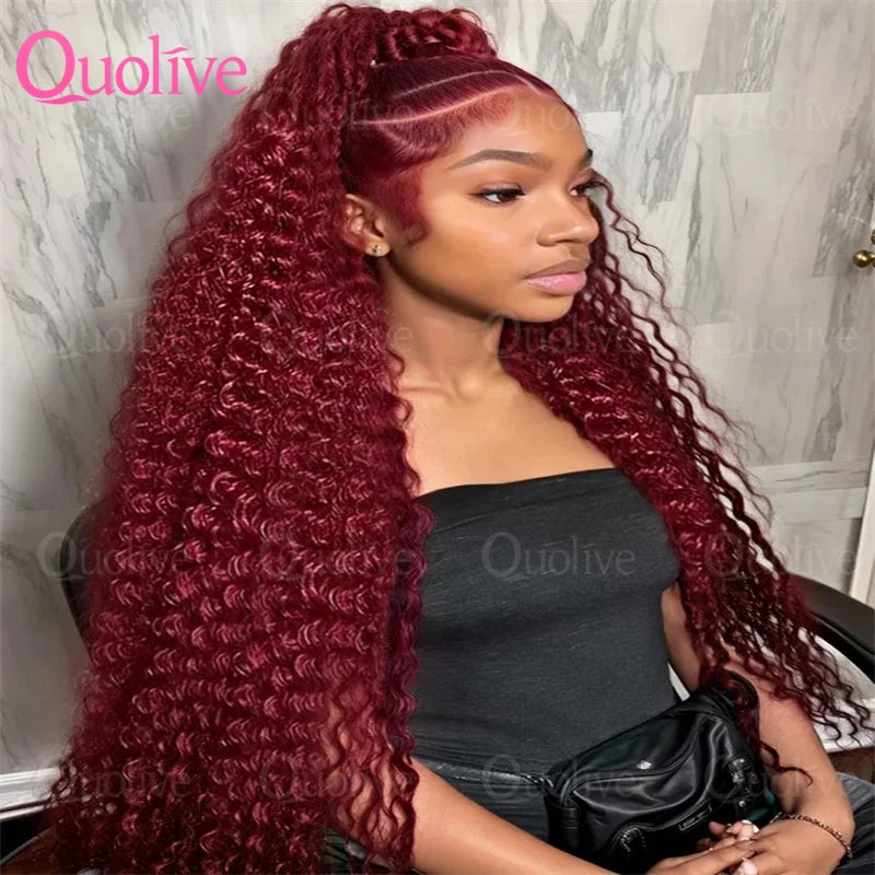 99J Burgundy 13x6 Hd Lace Frontal Human Hair Wig 30inch Red Colored Curly Wigs 13x4 Transparent Lace Water Deep Wave Frontal Wig