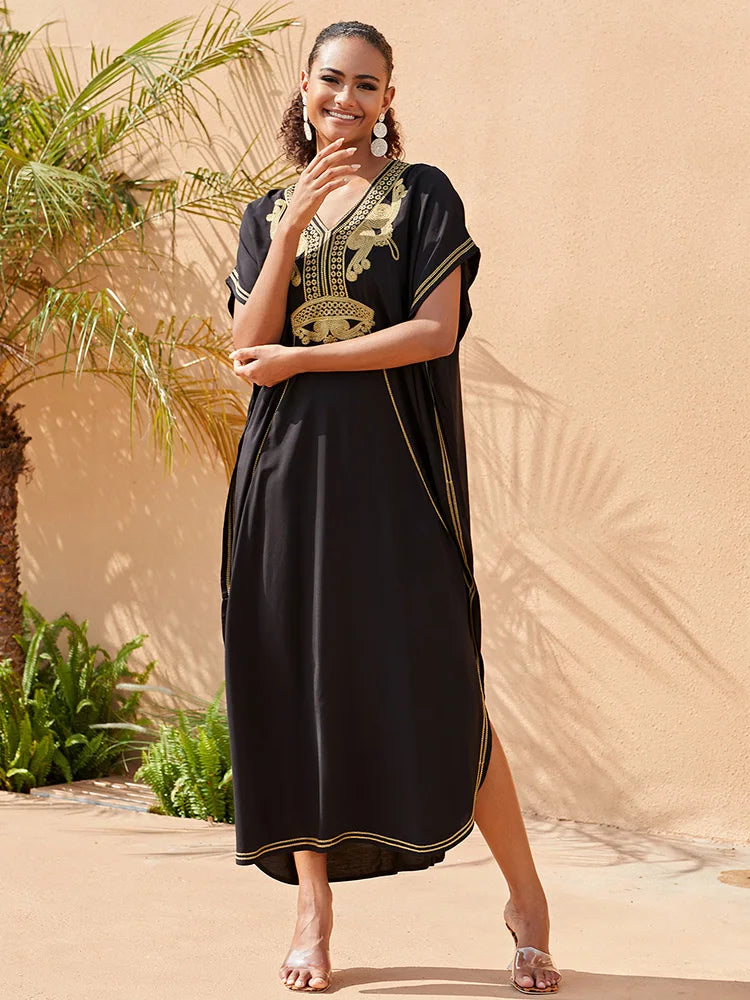 2024 Vintage Embroidery Kaftan Sexy V-neck Batwing Sleeve High Waist Maxi Dress Tunic Women Clothing Summer Beach Dresses Q660