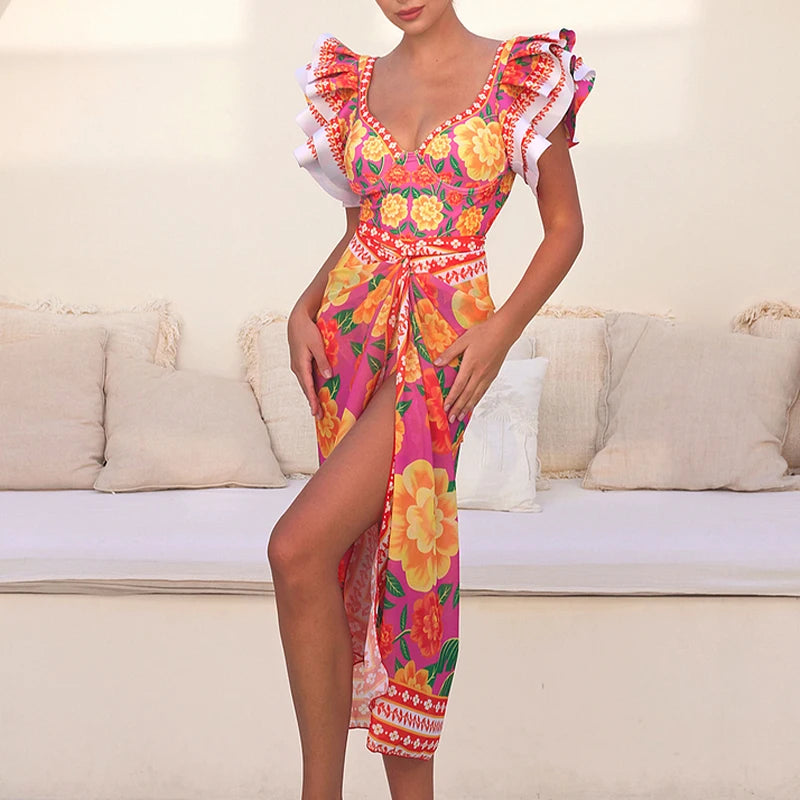 Women Print Ruffle One Piece Swimsuit Off The Shoulder Swimwear Women Sexy Swimsuit Deep-V Bathing Suits Beach Wear Swim Suit