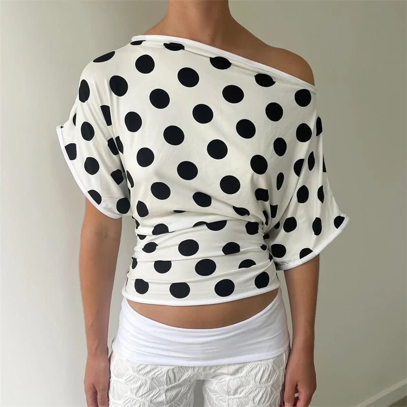 Absobe Polka Dot One-Shoulder Short Sleeve Top For Women Back Lace-up Waist Slim Fit T-Shirt Y2K Hot Girl Casual Tee Streetwear
