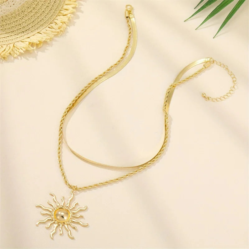Exaggerated Big Sun Pendant Necklace for Women Trendy Double Layer Snake Bone Chain Necklace Summer Jewelry Accessories
