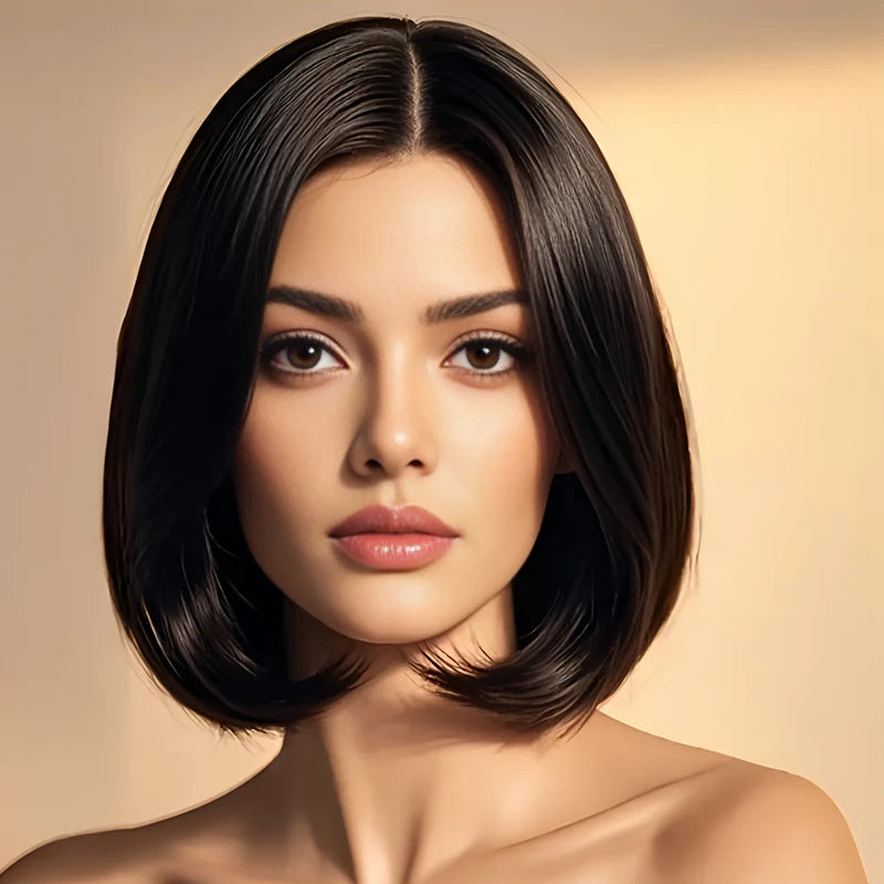 12-inch straight black bob, synthetic high-temperature silk wig with 150% density, heat-resistant and heat-resistant, for