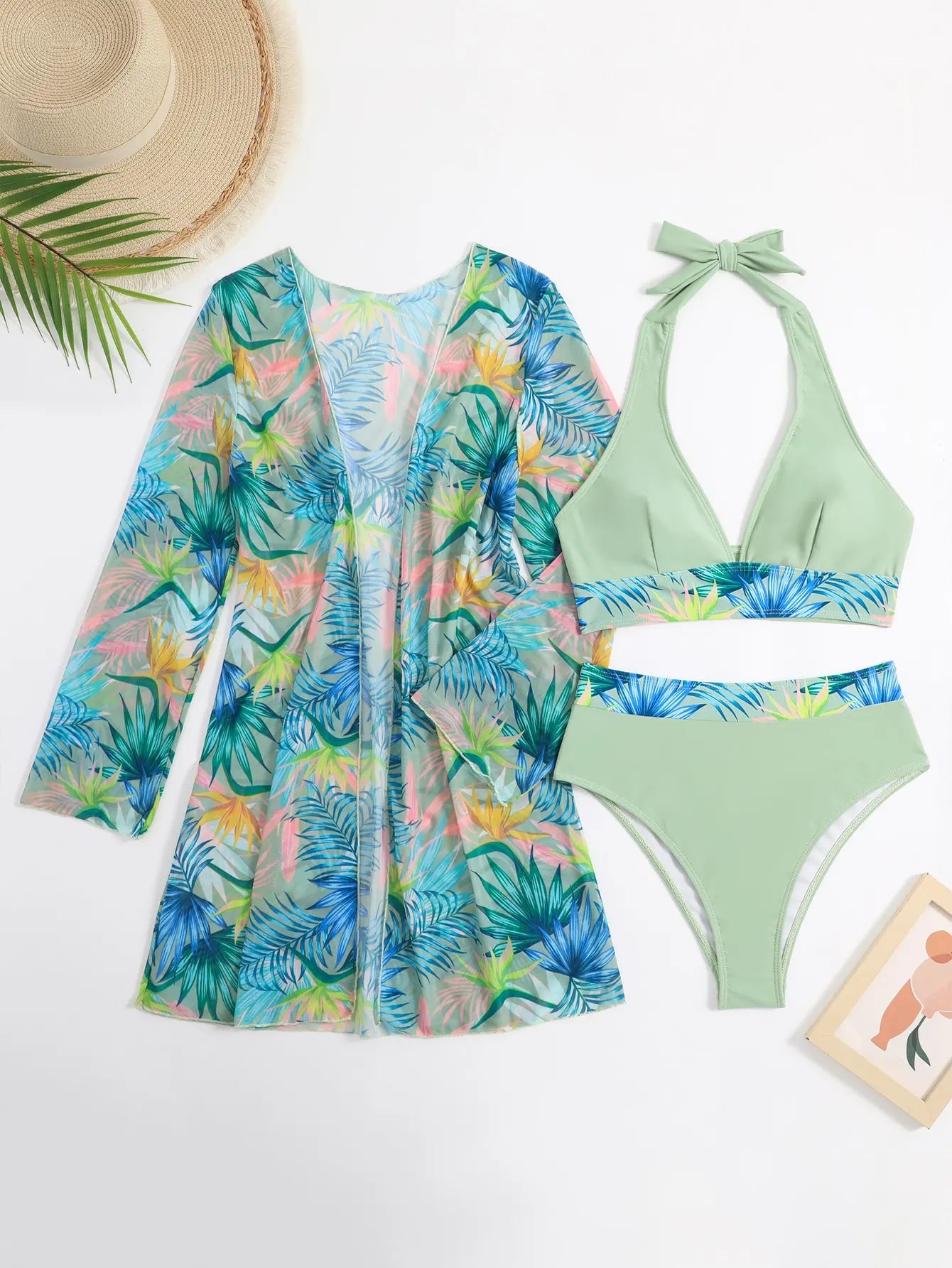Halter Print Bikini Sets 3PCS Women Swimsuit With Kimono High Waist Swimwear Female Bathers Bathing Swimming Swim Suit Beachwear
