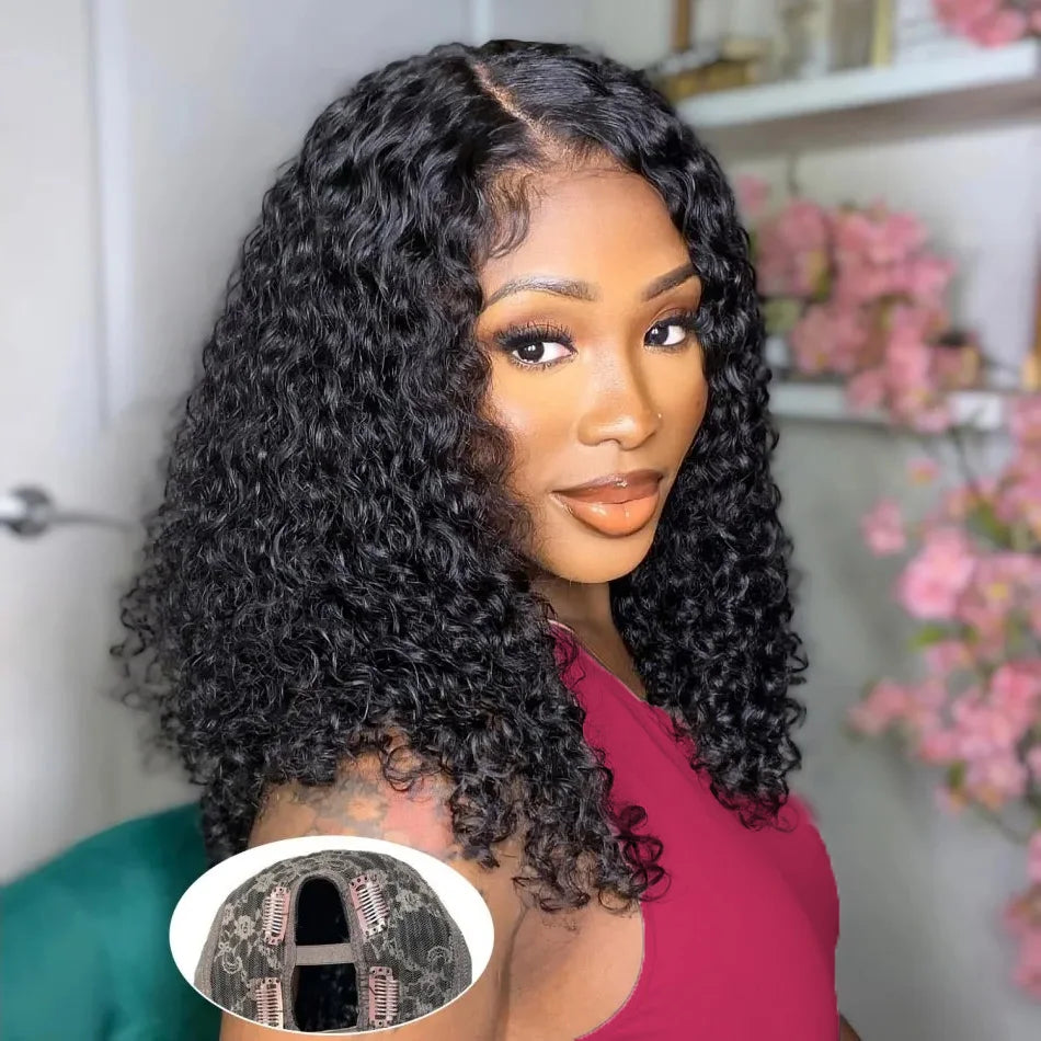 V Part Curly Wig Human Hair No Leave Out No Glue Brazilian Deep Curly Wave Human Hair Wigs for Women 220% Density