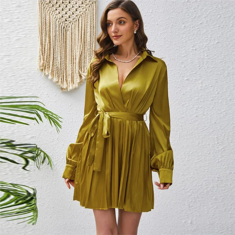 Elegant satin lapel waist cinching lace up long sleeved pleated dress spring/autumn womens fashion temperament solid short skirt