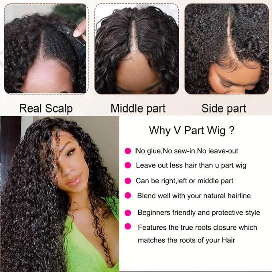 V Part Curly Wig Human Hair No Leave Out No Glue Brazilian Deep Curly Wave Human Hair Wigs for Women 220% Density