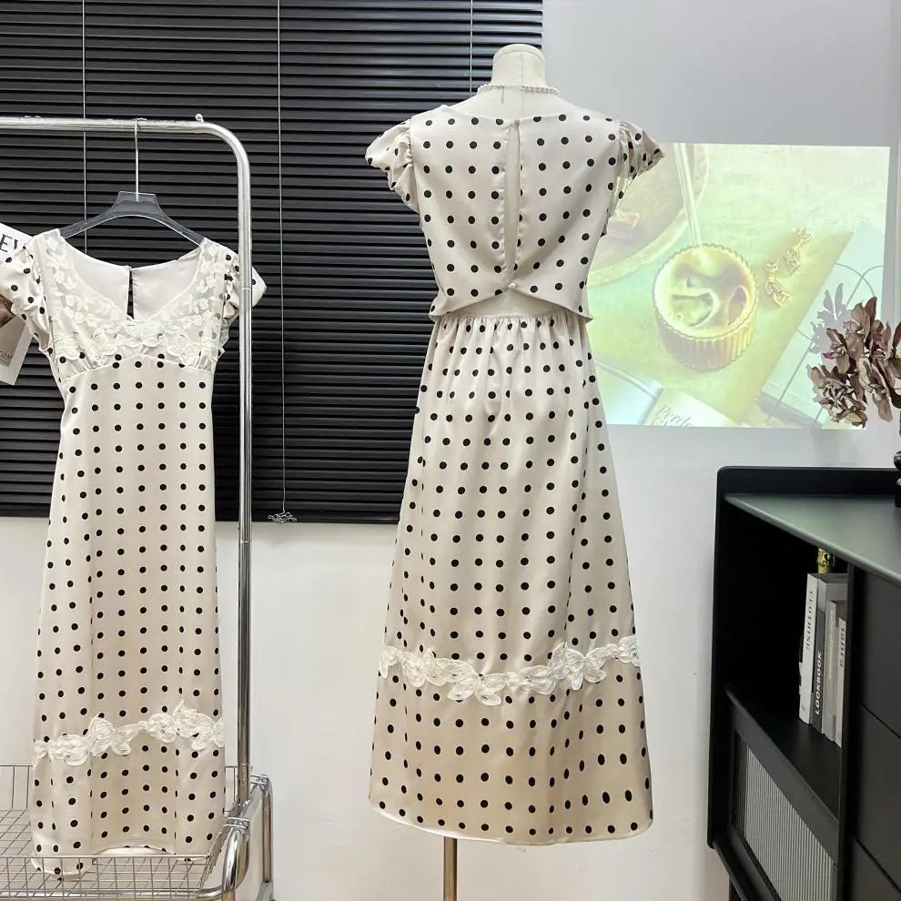 Absobe French Lace Patchwork Satin Polka Dot A-Line Maxi Dress For Women Elegant Backless Long Gown Chic Birthday Party Outfit