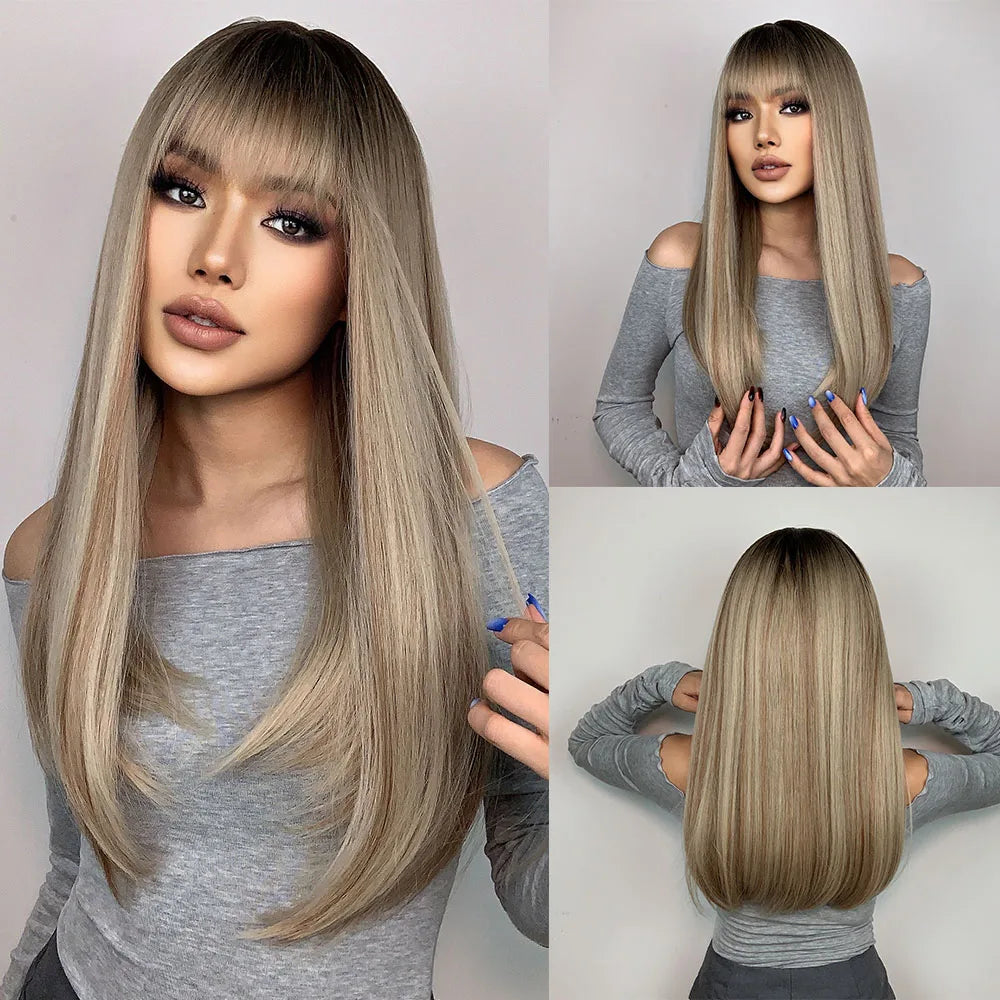 Blue with Grey Highlight Long Straight Synthetic Wigs with Bangs Cosplay Hairs Wig for Women Daily Natural Heat Resistant