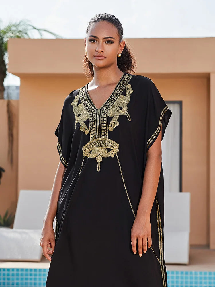2024 Vintage Embroidery Kaftan Sexy V-neck Batwing Sleeve High Waist Maxi Dress Tunic Women Clothing Summer Beach Dresses Q660
