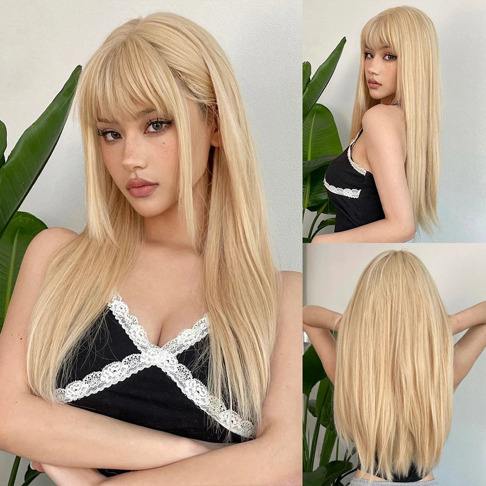 HENRY MARGU White Long Straight Synthetic Wigs for Women Colorful Cosplay Party Fake Hair with Bangs White Wig HighTemperature