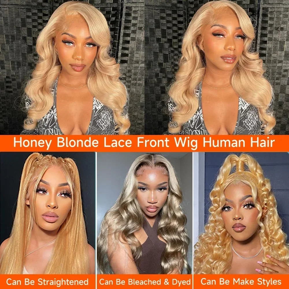 27# Honey Blond Body Wave 13x4 Lace Frontal Human Hair Wigs Brazilian Colored Loose Water Wave 13x6 HD Lace Front Wig For Women