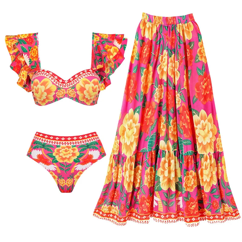 Women Print Ruffle One Piece Swimsuit Off The Shoulder Swimwear Women Sexy Swimsuit Deep-V Bathing Suits Beach Wear Swim Suit