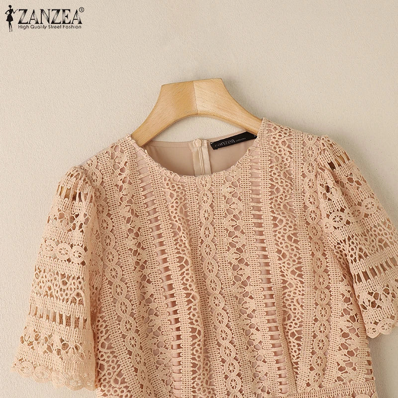 ZANZEA Elegant Summer Short Sleeve Pleated Party Sundress Fashion Women Lace Patchwork Dresses 2025 Stylish Work OL Vestidos