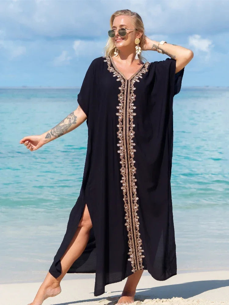 2024 Vintage Embroidery Kaftan Sexy V-neck Batwing Sleeve High Waist Maxi Dress Tunic Women Clothing Summer Beach Dresses Q660