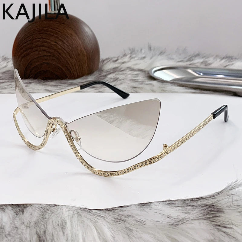 Retro Rhinestone Cat Eye Rimless Punk Sunglasses Women 2025 Luxury Brand Vintage Metal Frameless Sun Glasses Travelling Shades