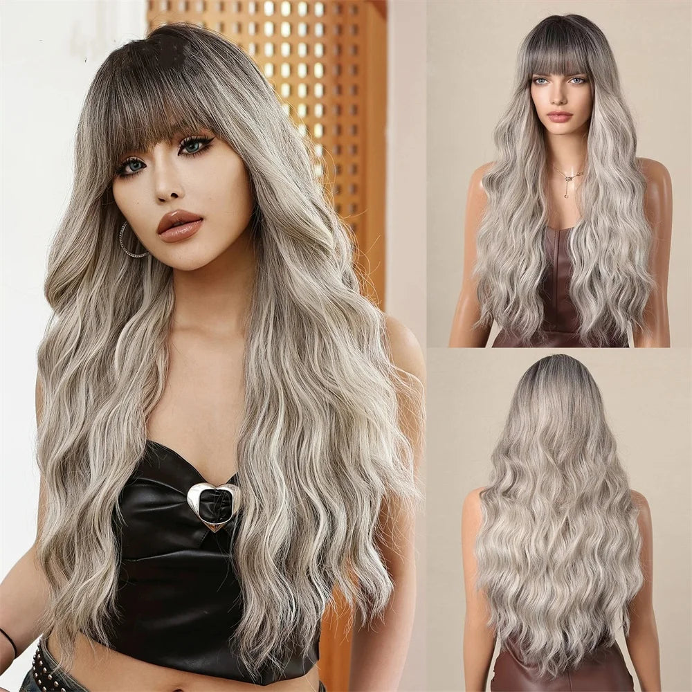 Allbell Magique Blue Hair Wig with Bangs Long Wavy Synthetic Wig Baby Blue Curly Wig for Women Daily Party Use Heat Resistant