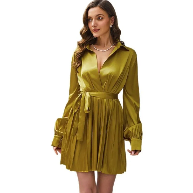 Elegant satin lapel waist cinching lace up long sleeved pleated dress spring/autumn womens fashion temperament solid short skirt