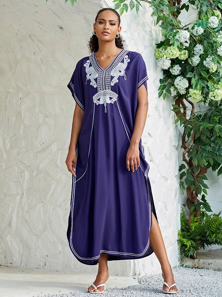 2024 Vintage Embroidery Kaftan Sexy V-neck Batwing Sleeve High Waist Maxi Dress Tunic Women Clothing Summer Beach Dresses Q660