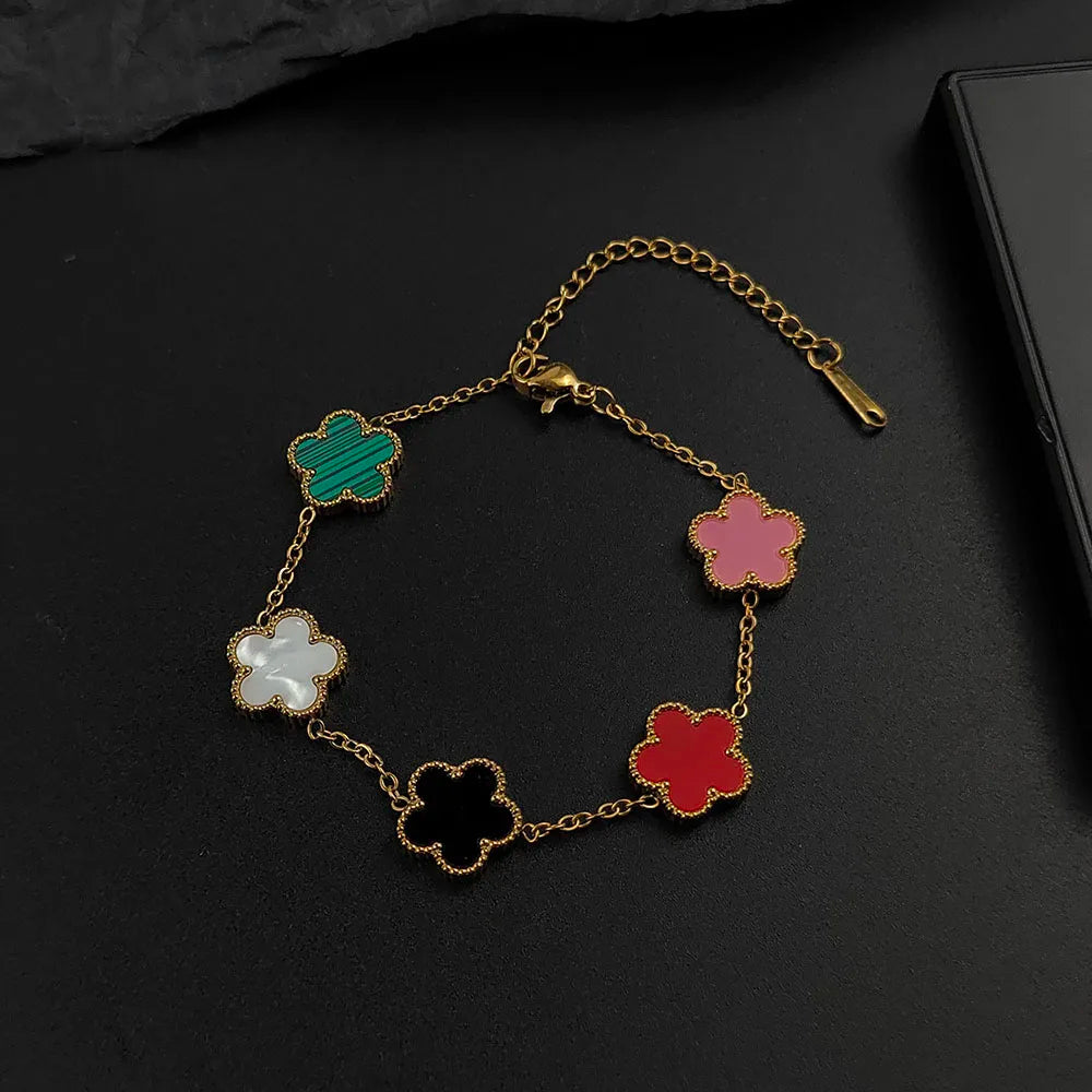 Mussel five-leaf plum blossom stainless steel women's exquisite chain bracelet, 18K gold plated, light luxury, lucky jewelry