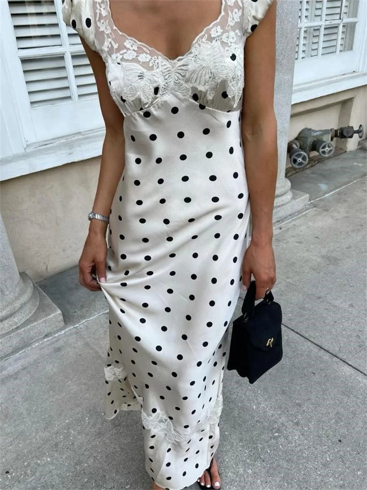 Absobe French Lace Patchwork Satin Polka Dot A-Line Maxi Dress For Women Elegant Backless Long Gown Chic Birthday Party Outfit