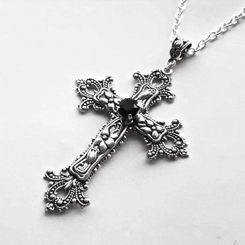 Large Detailed Cross Drill Pendant Necklace Silver Color Tone Gothic Punk Jewellery Fashion Charm Statement Women Gift